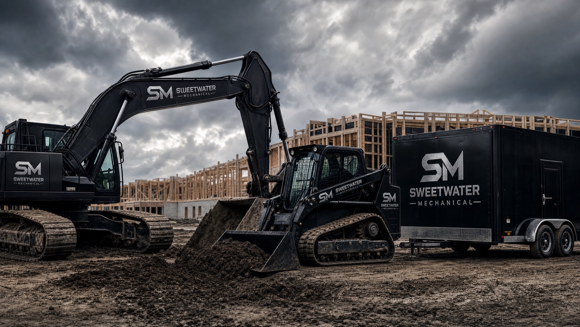 Sweetwater Mechanical branded excavator and equipment on site