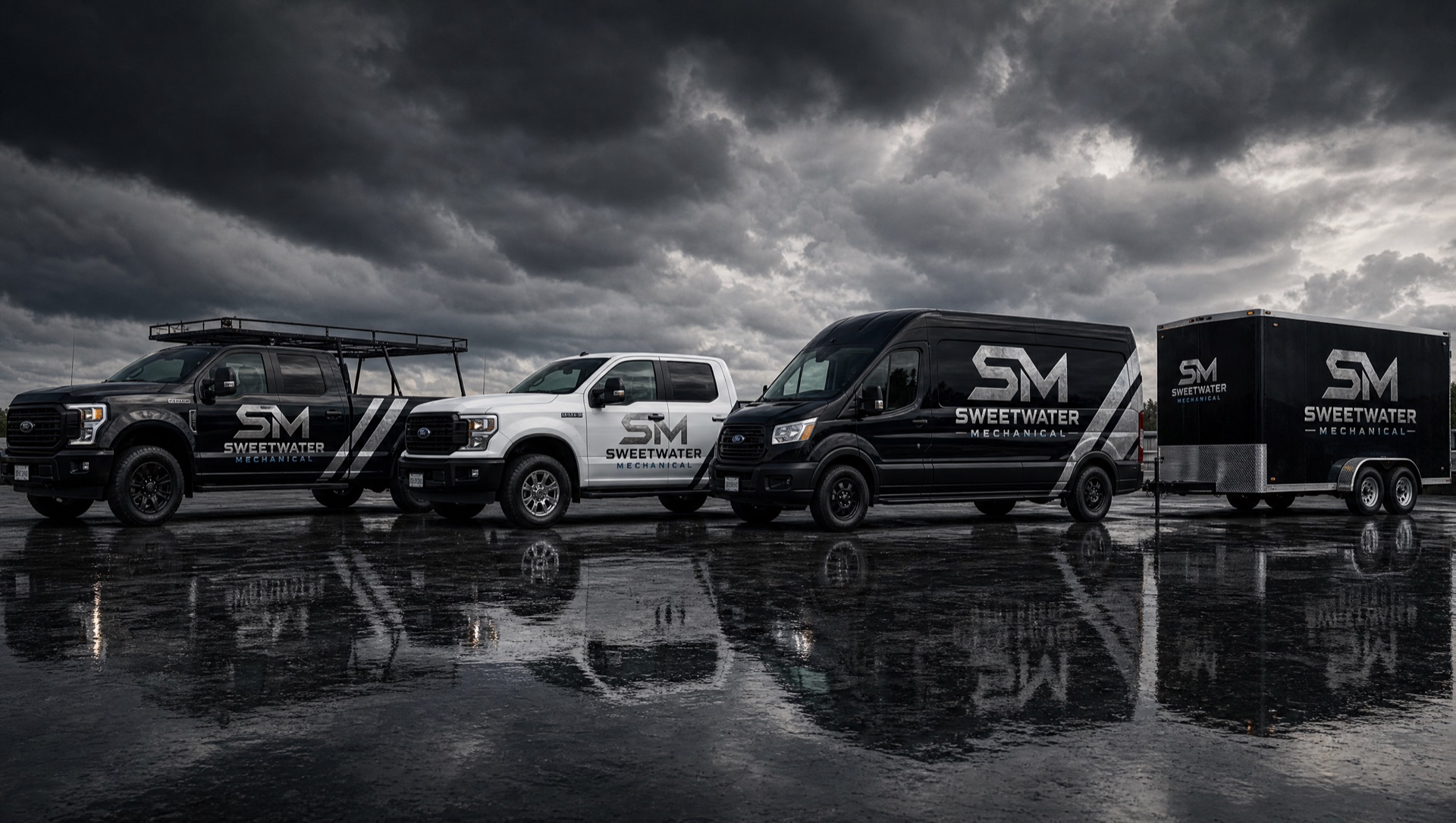 Sweetwater Mechanical fleet: trucks, van, and trailer in SM branding