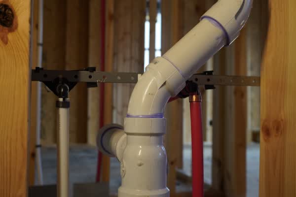 PVC drain-waste-vent piping and PEX supply lines supported on strut inside a framed interior
