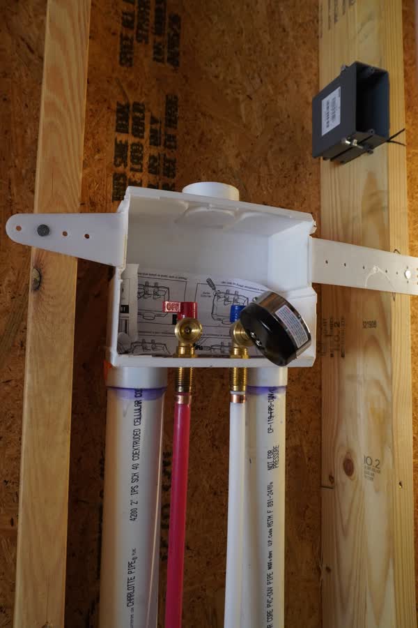 Laundry box rough-in with hot and cold shutoffs and a pressure test gauge on the supply lines