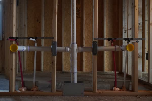 Two lavatory rough-ins either side of a vent stack, strapped to strut across a framed wall