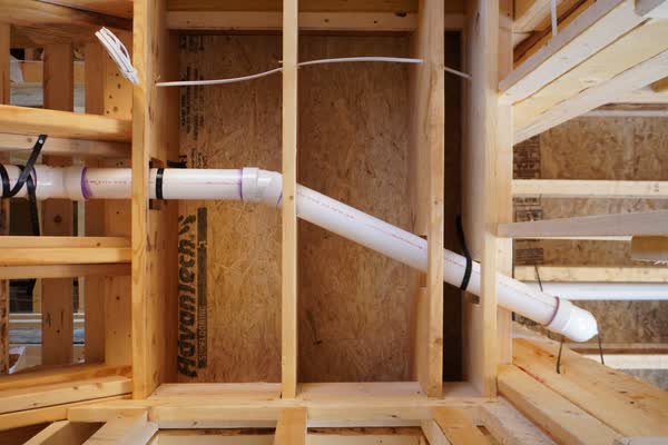 Drain line routed through floor framing and strapped off between the joists
