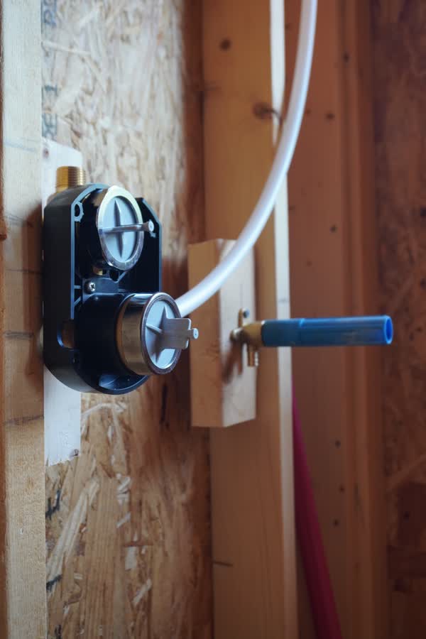 Shower valve body with test caps in place and a hose bibb stubbed through the wall